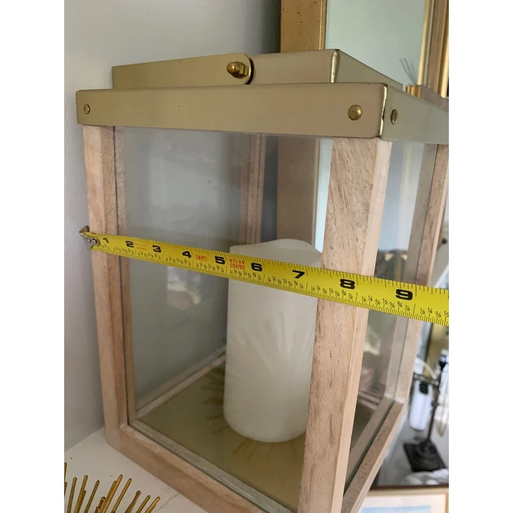 Wood and Brass Metal Decorative Candle Lantern Glass Panels Rustic Farmhouse‎